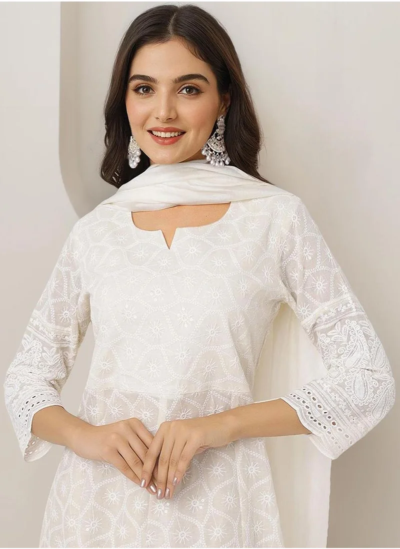 آي شين WOMEN Off White Cotton Kurta Sets - 3pcs