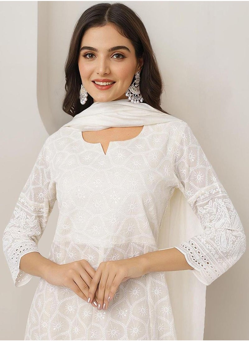 ISHIN Women's Off White 100% Cotton Embellished Tunic Full Length Casual Straight Fit Kurta Set  - Image 1