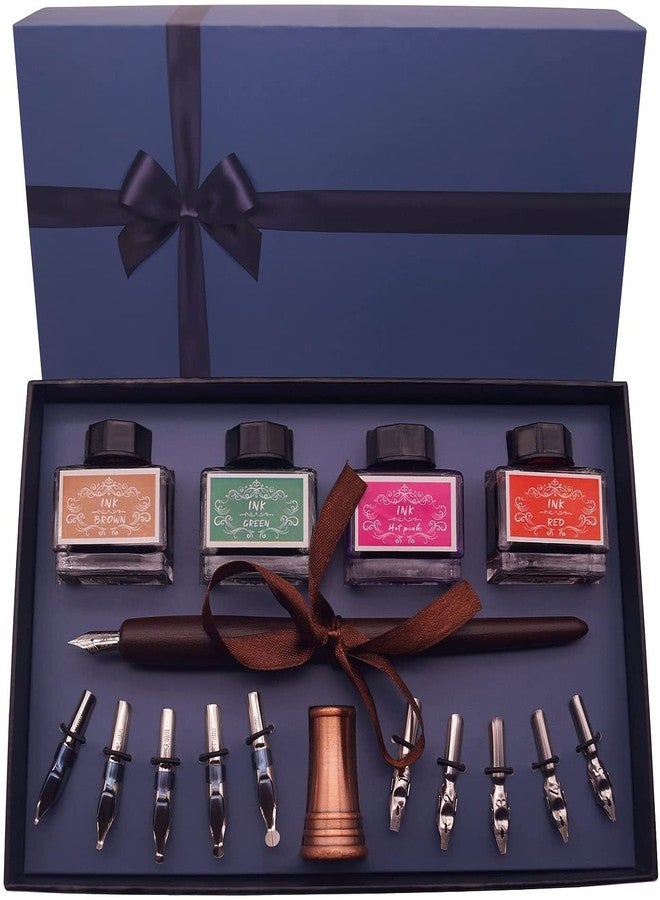 Art Ranger Calligraphy Pen Set Includes Wooden Dip Pen, Antique Brass Holder, 11 Nibs, 4 Ink Bottle and Beginner's Manual - Image 1