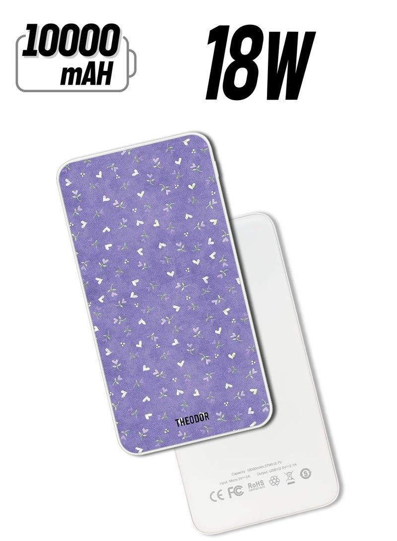 Theodor 10,000 mAh Super Fast Charging Ultra Compact Power Bank with Quick Charge & Power Delivery, Portable Charger For iPhone and Android Hearts Purple Background - Image 1