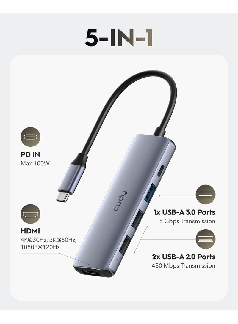 Cudy USB C Hub, 5-in-1 USB C Multiport Adapter with 100W PD, 4K HDMI, 3 USB-A Data Ports, Aluminium USB Type C Hub for MacBook, Galaxy, Surface, XPS, iPad, UH405 - Image 2