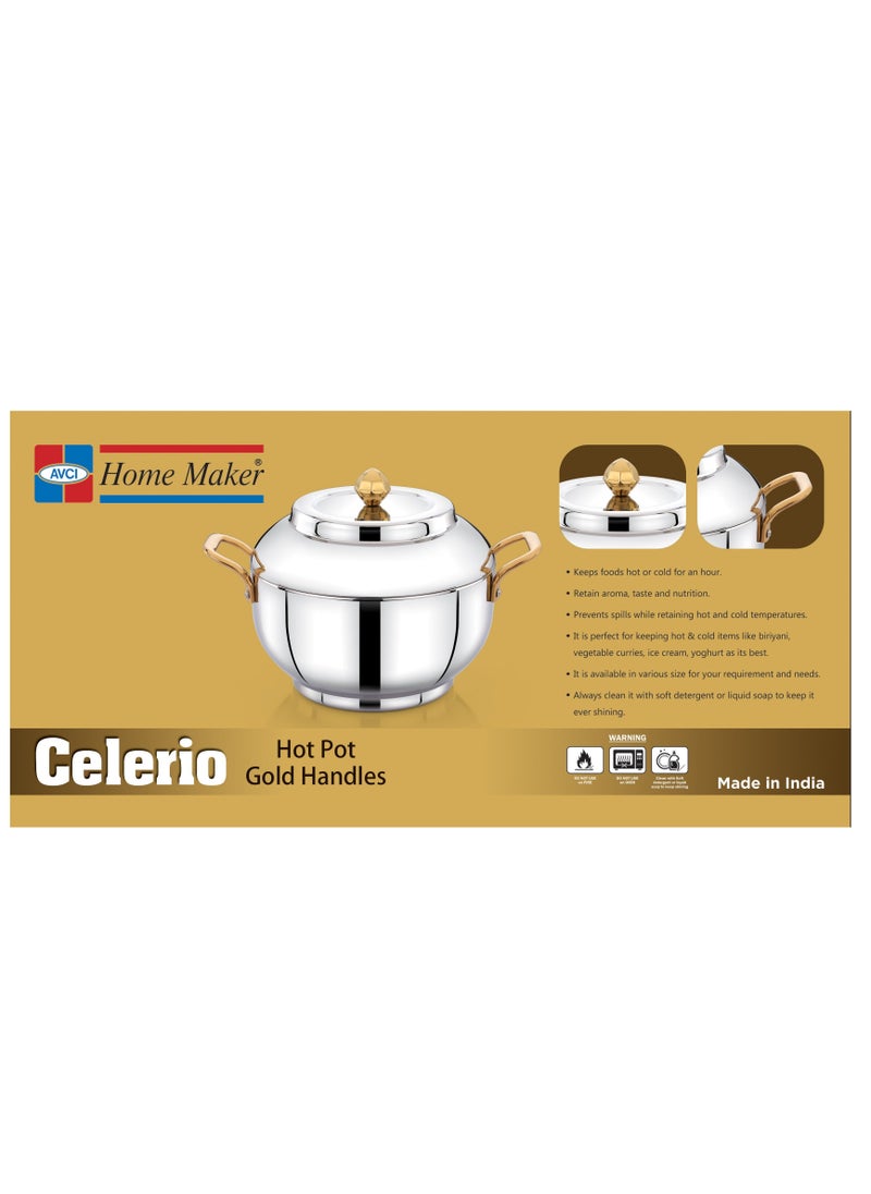 Homemaker Celerio Hotpot 2500ml Capacity - Air Tight Lid - High Quality Stainless Steel - Gold Lids & Silver  - Image 3