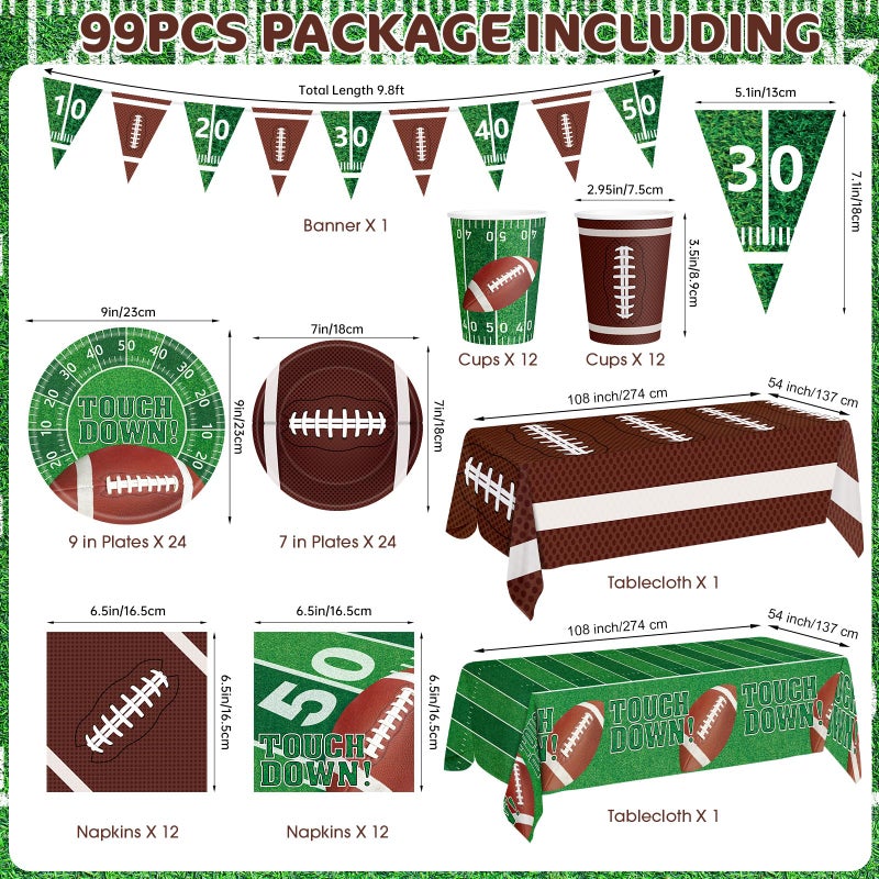 Litmitfu 99 Pcs Football Party Supplies Sets, Includes Touchdown Dinner Plates, Dessert Plates, Napkins, Rugby Tablecloths, Cups and Banner for Football Birthday Gameday Tailgate Party Decorations, Serves 24 - Image 3