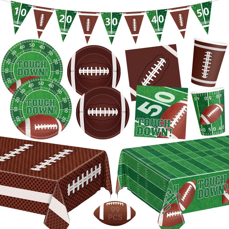 Litmitfu 99 Pcs Football Party Supplies Sets, Includes Touchdown Dinner Plates, Dessert Plates, Napkins, Rugby Tablecloths, Cups and Banner for Football Birthday Gameday Tailgate Party Decorations, Serves 24 - Image 1