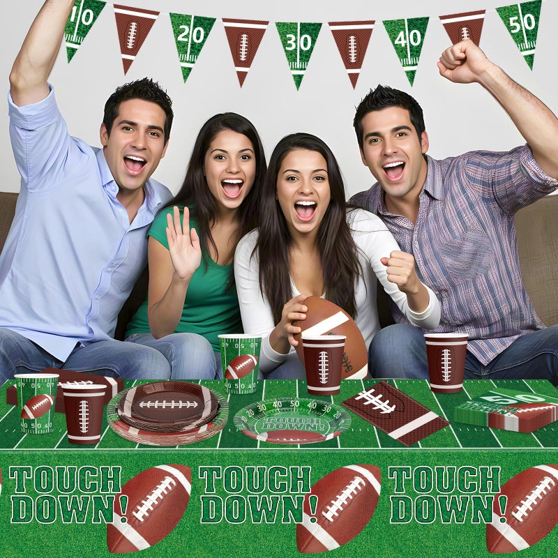 Litmitfu 99 Pcs Football Party Supplies Sets, Includes Touchdown Dinner Plates, Dessert Plates, Napkins, Rugby Tablecloths, Cups and Banner for Football Birthday Gameday Tailgate Party Decorations, Serves 24 - Image 5