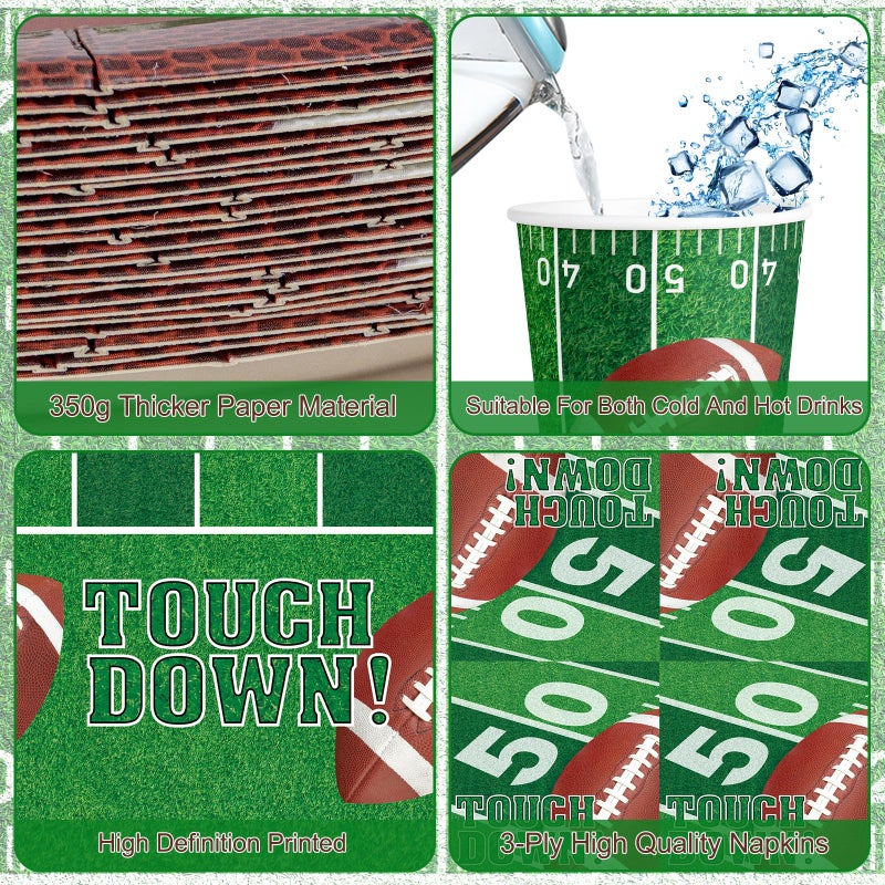 Litmitfu 99 Pcs Football Party Supplies Sets, Includes Touchdown Dinner Plates, Dessert Plates, Napkins, Rugby Tablecloths, Cups and Banner for Football Birthday Gameday Tailgate Party Decorations, Serves 24 - Image 4