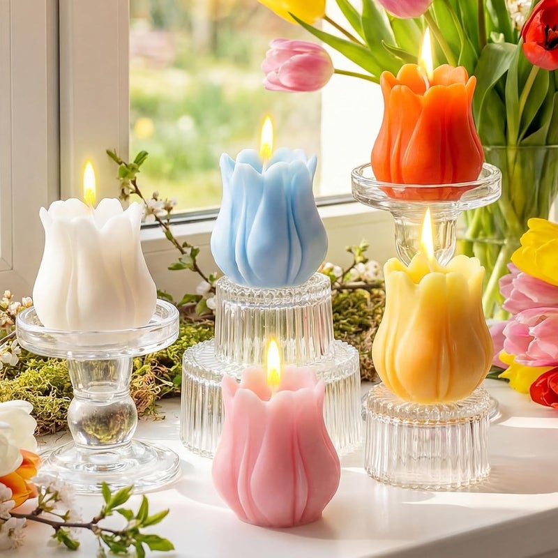 5 Pcs Tulip Flower Candles, Pastel Unscented Spring Decorative Candles, 3D Floral Tea Candles for Home Table Centerpiece, Party Decor, Gift Set