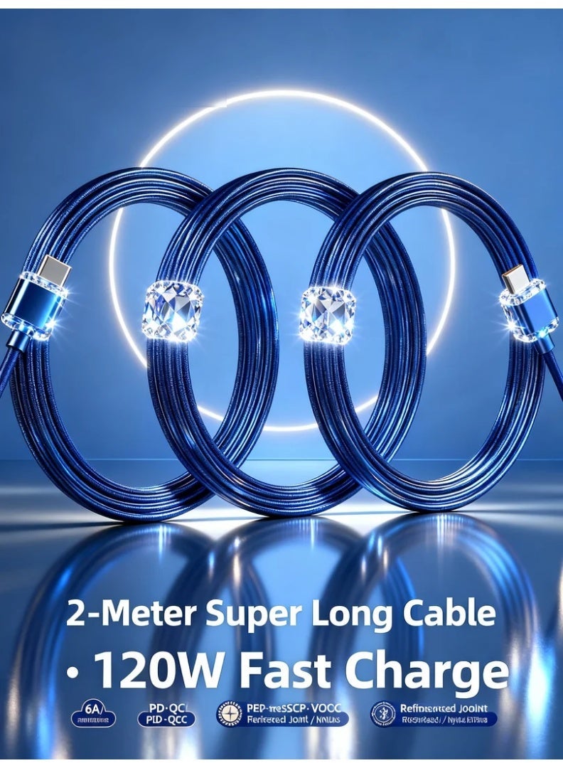 robotgcc 120W Transparent Fast Charging USB-C Cable | 2-Meter Long SuperCharge Cord with Reinforced Anti-Bend Connector, High-Density Nylon Braid, 6A High-Current Output, Low-Temperature Power Stability, 480Mbps Data Sync, Universal Fast-Charge Support for Android Devices, Tablets, Power Banks – Blue / Black - Image 4