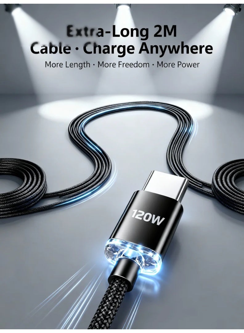 robotgcc 120W Transparent Fast Charging USB-C Cable | 2-Meter Long SuperCharge Cord with Reinforced Anti-Bend Connector, High-Density Nylon Braid, 6A High-Current Output, Low-Temperature Power Stability, 480Mbps Data Sync, Universal Fast-Charge Support for Android Devices, Tablets, Power Banks – Blue / Black - Image 5