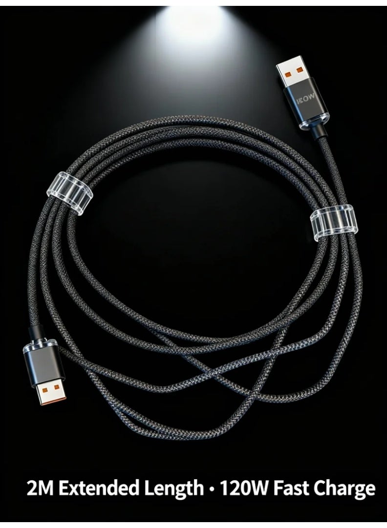 robotgcc 120W Transparent Fast Charging USB-C Cable | 2-Meter Long SuperCharge Cord with Reinforced Anti-Bend Connector, High-Density Nylon Braid, 6A High-Current Output, Low-Temperature Power Stability, 480Mbps Data Sync, Universal Fast-Charge Support for Android Devices, Tablets, Power Banks – Blue / Black - Image 2