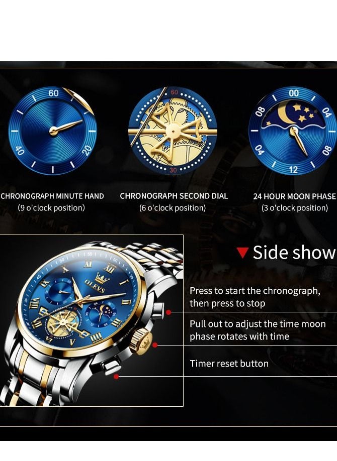 OLEVS - Watches for Men Fashion Stainless Steel Quartz Chronograph Water Resistant Watch 42mm 2859 Gold and Silver - Image 1