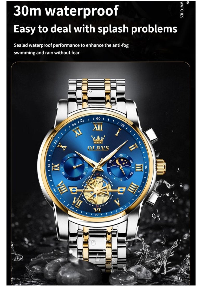 OLEVS - Watches for Men Fashion Stainless Steel Quartz Chronograph Water Resistant Watch 42mm 2859 Gold and Silver - Image 1