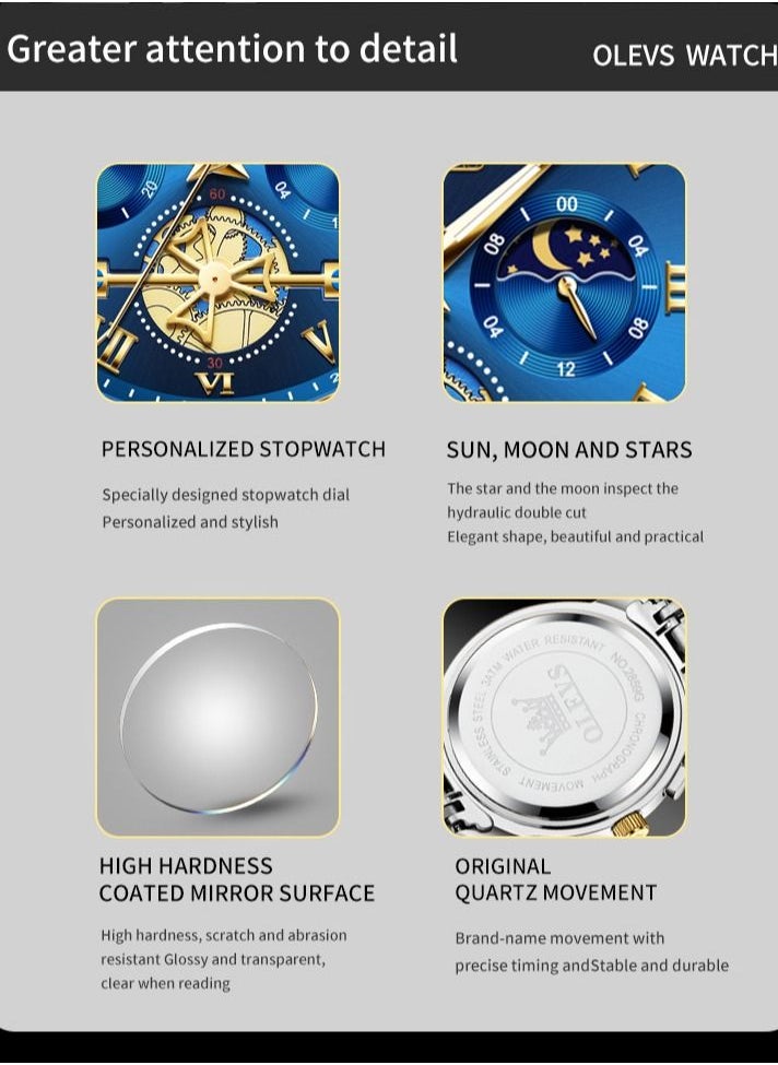 OLEVS - Watches for Men Fashion Stainless Steel Quartz Chronograph Water Resistant Watch 42mm 2859 Gold and Silver - Image 1