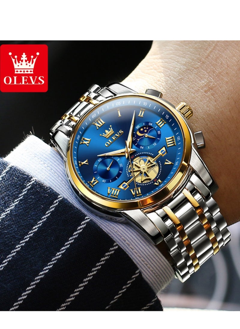 OLEVS - Watches for Men Fashion Stainless Steel Quartz Chronograph Water Resistant Watch 42mm 2859 Gold and Silver - Image 1