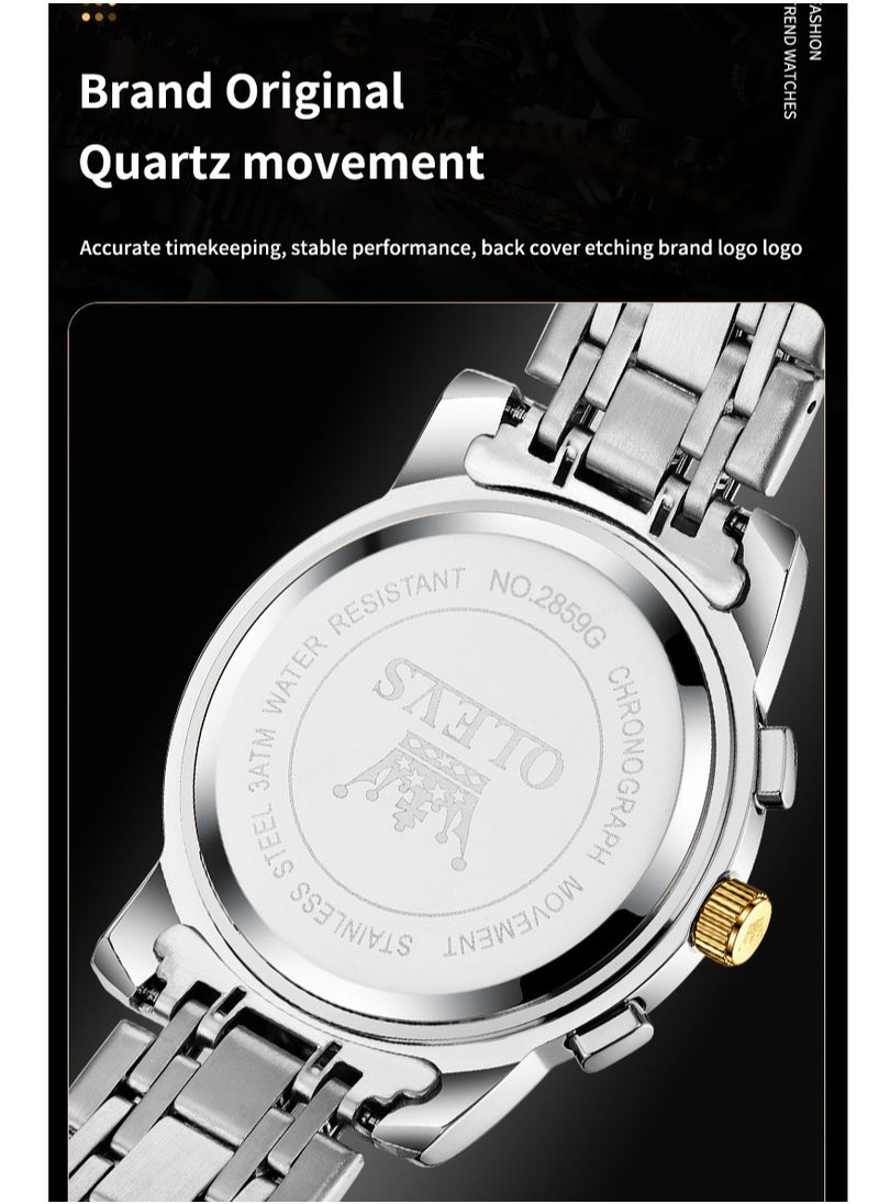 OLEVS - Watches for Men Fashion Stainless Steel Quartz Chronograph Water Resistant Watch 42mm 2859 Gold and Silver - Image 1