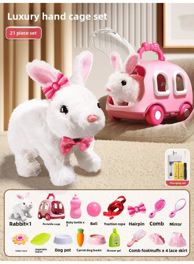 Children's Electric Simulation Bunny Plush Toy Girl Pet White Rabbit Doll Girl Birthday Gift-Color:Small White Rabbit Full Set Of Luxury Suit "pet Cage" Charging  - Image 1