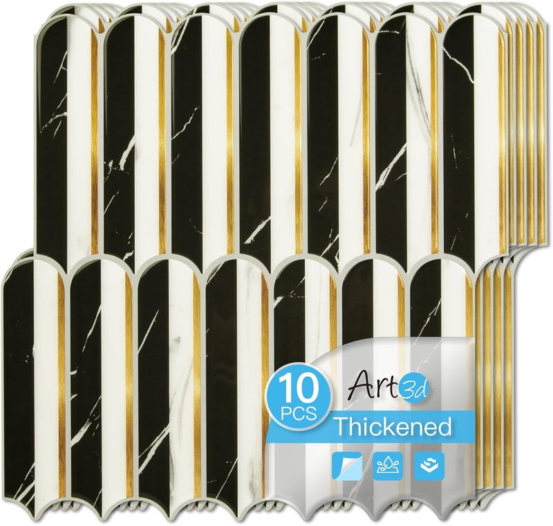 Art3d 12 x 12 Inch Heavy-Duty Peel and Stick Backsplash, Self-Adhesive Wall Tiles for Kitchen Bathroom Decor, 10-Pack Black & White Marble with Metal Gold - Image 1