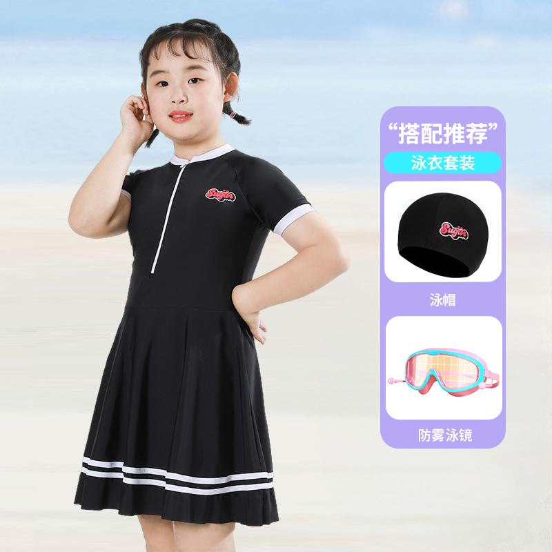 Generic Girls One-Piece Swimsuit Quick-Dry Summer Swimwear Black {coat cap anti-fog goggles}