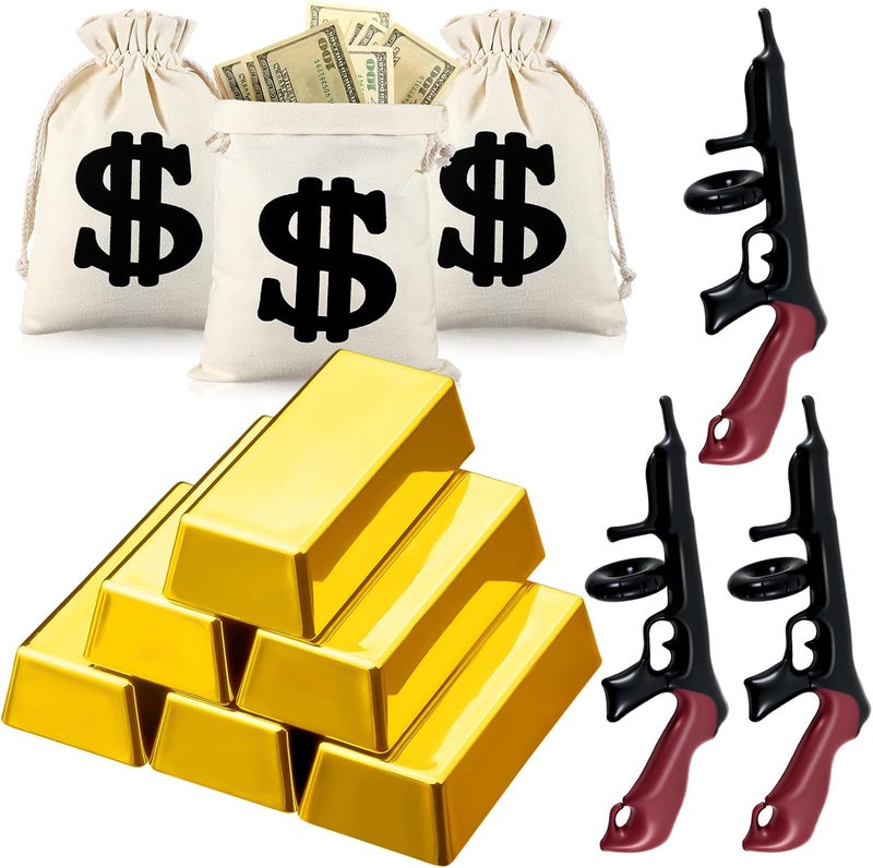 MiniInflat 12 قطعة من دمى البنادق القابلة للنفخ حقيبة نقود قماشية مع حبل سحب صندوق كرتوني ذهبي زينة لعصابة الذهب من حقبة 1920s مافيا بار حفلة عيد ميلاد موضوع تنكرية - Image 1