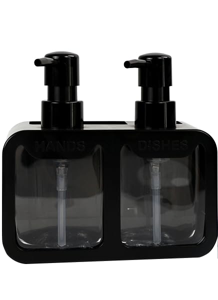 BASEEFY Kitchen Dish Soap and Hand Soap Dispenser SetDual Soap Dispenser with Brush and Sponge HolderSmart 4in1 Kitchen Sink Caddy with soap Dispenser Black - Image 1