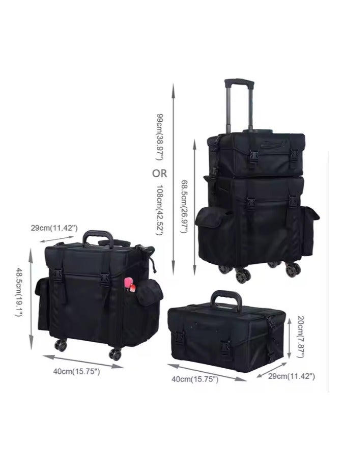 2 in 1 Professional Makeup Trolley Case, Cosmetics Storage Train Case, Travel Makeup Organizer with Drawer Bins - Black - Image 2