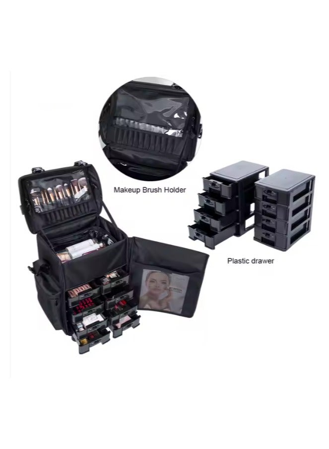 2 in 1 Professional Makeup Trolley Case, Cosmetics Storage Train Case, Travel Makeup Organizer with Drawer Bins - Black - Image 3