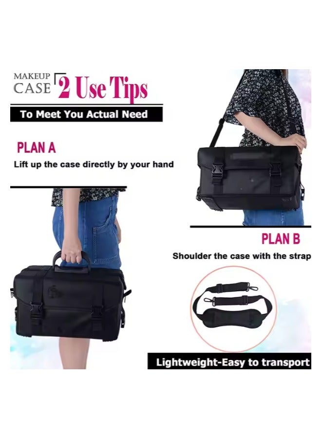 2 in 1 Professional Makeup Trolley Case, Cosmetics Storage Train Case, Travel Makeup Organizer with Drawer Bins - Black - Image 5