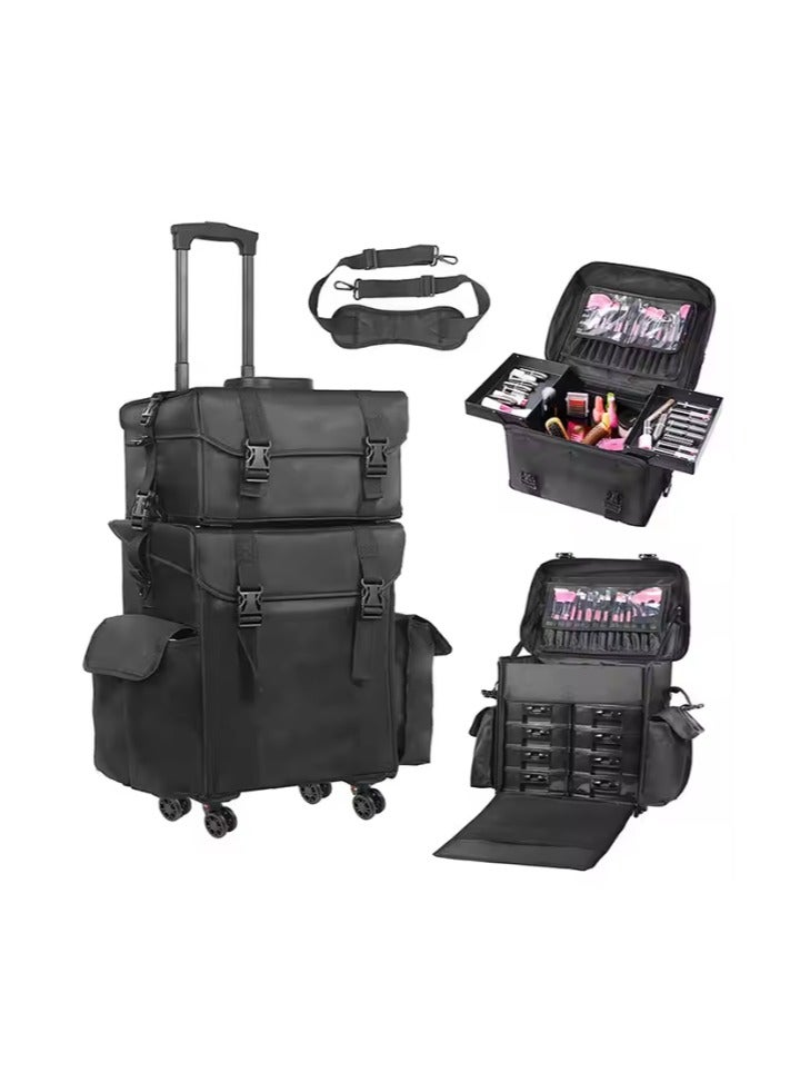 2 in 1 Professional Makeup Trolley Case, Cosmetics Storage Train Case, Travel Makeup Organizer with Drawer Bins - Black - Image 1