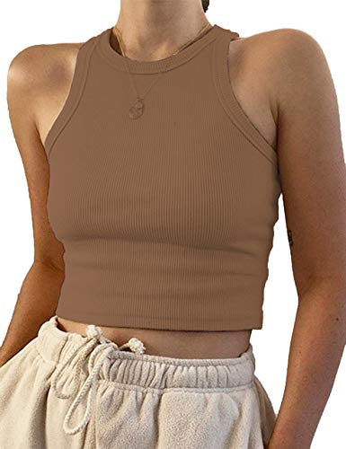 KAMISSY Cotton Rib-Knit Racerback Basic Tank Tops for Women Girls Sleeveless Vest Binding Y2k Crop Tank Top Khaki M - Image 3
