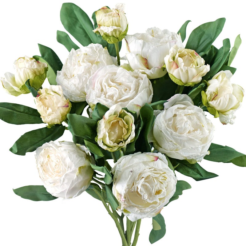 FiveSeasonStuff Vintage White Peonies - Realistic Artificial Silk Flowers with Dry-Look Petals, 6 Stems for Rustic Home & Wedding Bridesmaids Bouquet Bridal Showers - Image 1