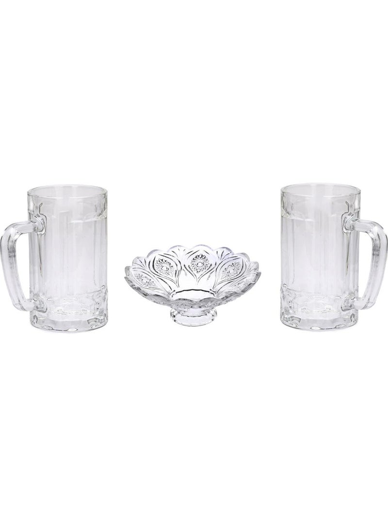 Somil Combo Set of 2 Beer Glasses and 1 Snack Plate Transparent Glass Set of 3 Glass Size 8 X 12 X 135 Cm Plate Size 35 X 35 X 10 Cm - Image 1