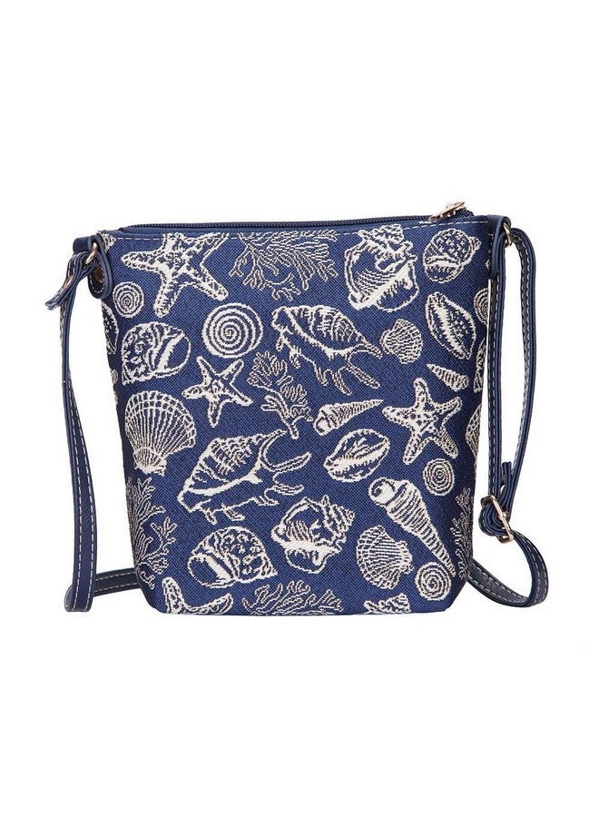 Signare Tapestry Small Crossbody Bag Sling Bag For Women With Navy Blue Sea Shell Design (Slingshell) - Image 1