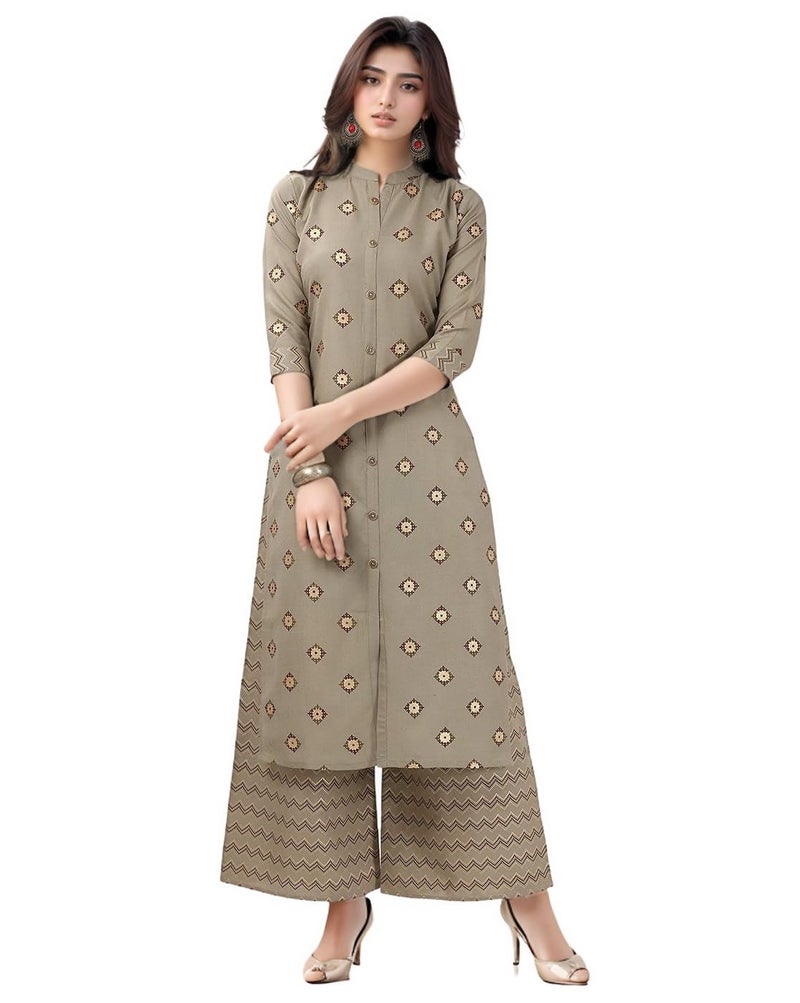 SMOWKLY Premium Women's Cotton Blend Motif Chevron Print Kurta Palazzo Set || Regular Fit 3/4 Sleeve Chinese Collar || Modern Ethnic Outfit for Casual & Office Wear (1654_BG_XL) Beige - Image 5