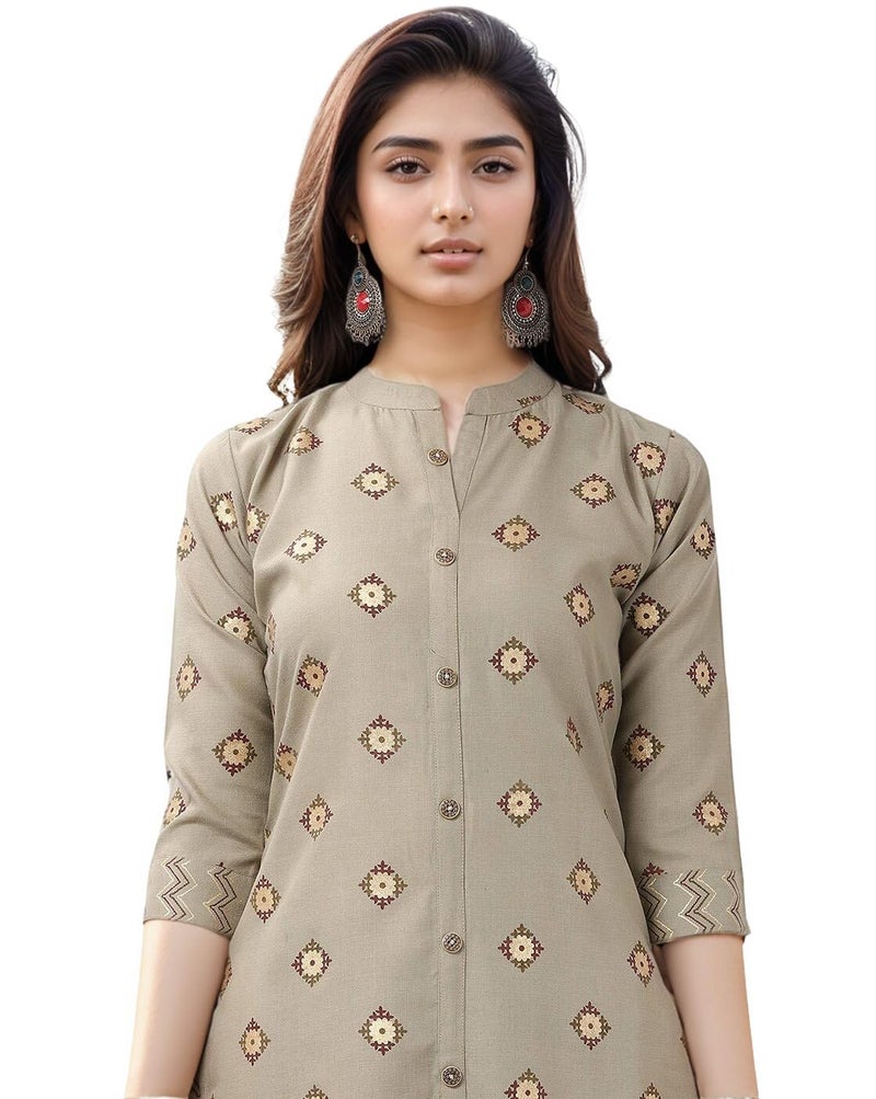 SMOWKLY Premium Women's Cotton Blend Motif Chevron Print Kurta Palazzo Set || Regular Fit 3/4 Sleeve Chinese Collar || Modern Ethnic Outfit for Casual & Office Wear (1654_BG_XL) Beige - Image 2