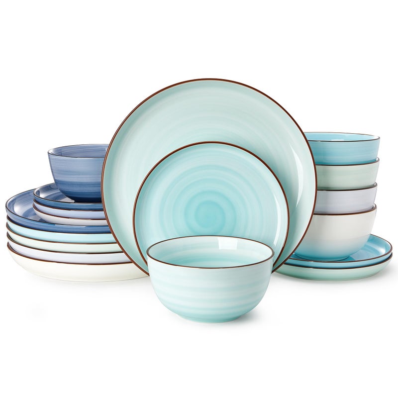 Sweese Plates and Bowls Sets 18 Piece Dinnerware Set Porcelain Round Dinner Set for 6 Scratch Resistant Dishes Set Dishwasher and Oven Microwave Safe Handpainted Swirl Dishware Sets Assorted Blue
