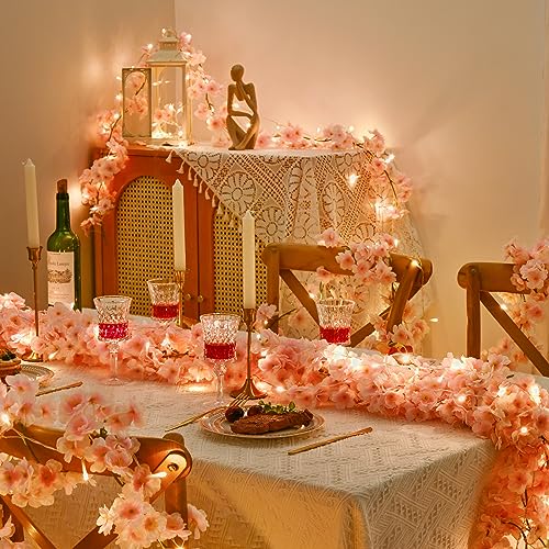 Sunm Boutique Cherry Blossom Garland 4-Pack 23.6 Ft Cherry Blossom Hanging Vine with 32.8 Ft Long 80 LED String Lights Silk Sakura Vines Garland for Wedding Party Decor, Pink - Image 2