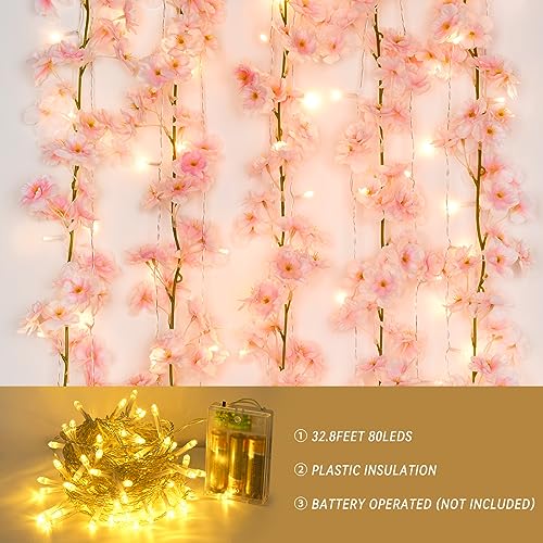 Sunm Boutique Cherry Blossom Garland 4-Pack 23.6 Ft Cherry Blossom Hanging Vine with 32.8 Ft Long 80 LED String Lights Silk Sakura Vines Garland for Wedding Party Decor, Pink - Image 3
