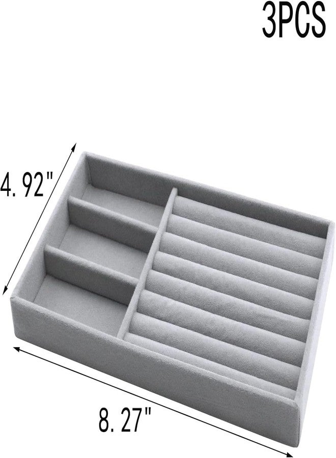 Mantavya 3 Pack Velvet Jewelry Trays Organizer, Stackable Jewelry Display Case Drawer Inserts Tray, Necklace Storage Holder for Earring, Ring, Bracelet, Brooch, Watch, Multi-slot Design, 9x5x1 Inch - Image 2