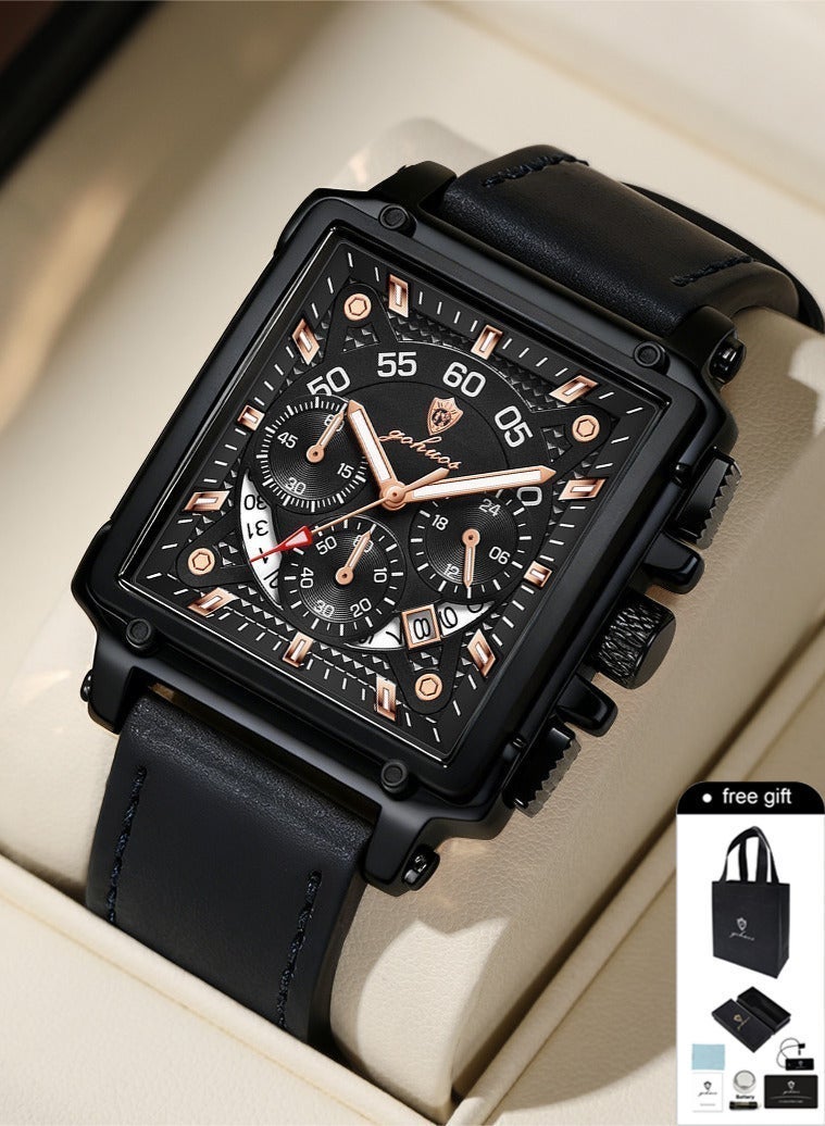 GOHUOS Square Watches for Men Leather Strap Chronograph Fashion Business Watch Luminous Waterproof Casual Wrist Watches - Image 1