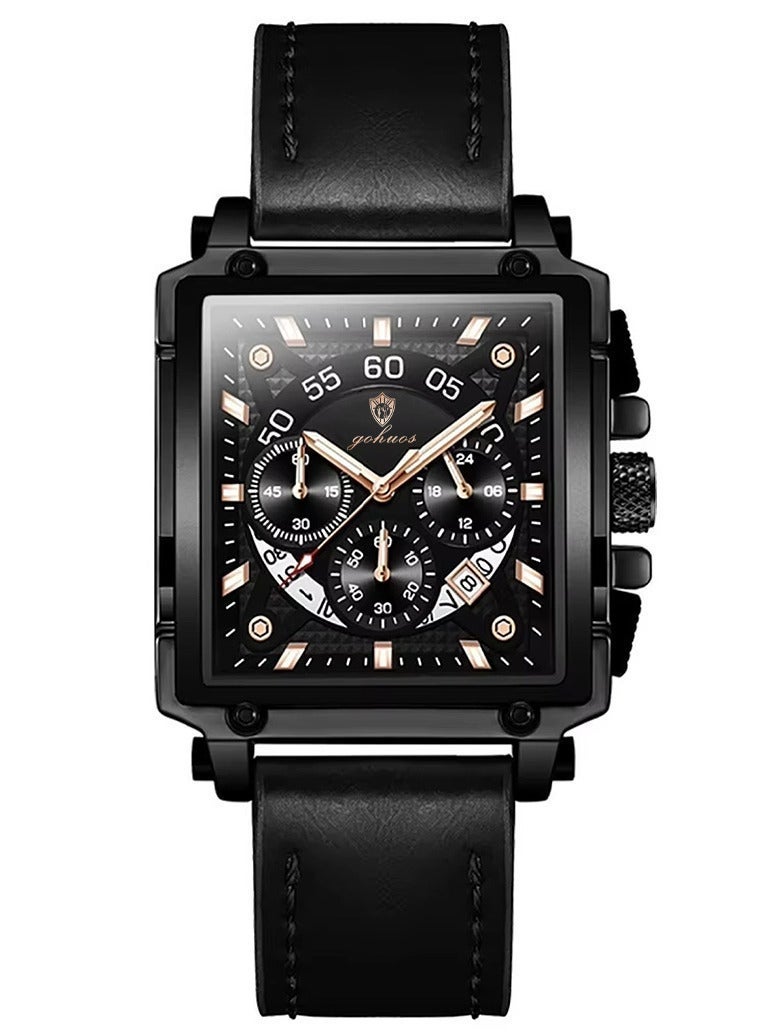 GOHUOS Square Watches for Men Leather Strap Chronograph Fashion Business Watch Luminous Waterproof Casual Wrist Watches - Image 3
