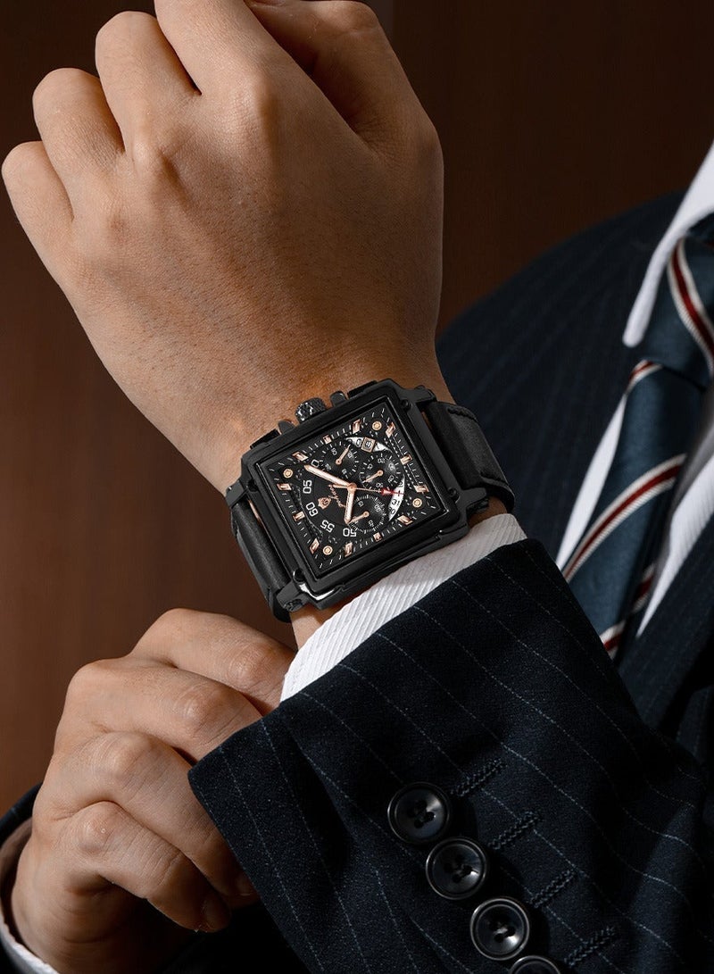 GOHUOS Square Watches for Men Leather Strap Chronograph Fashion Business Watch Luminous Waterproof Casual Wrist Watches - Image 2