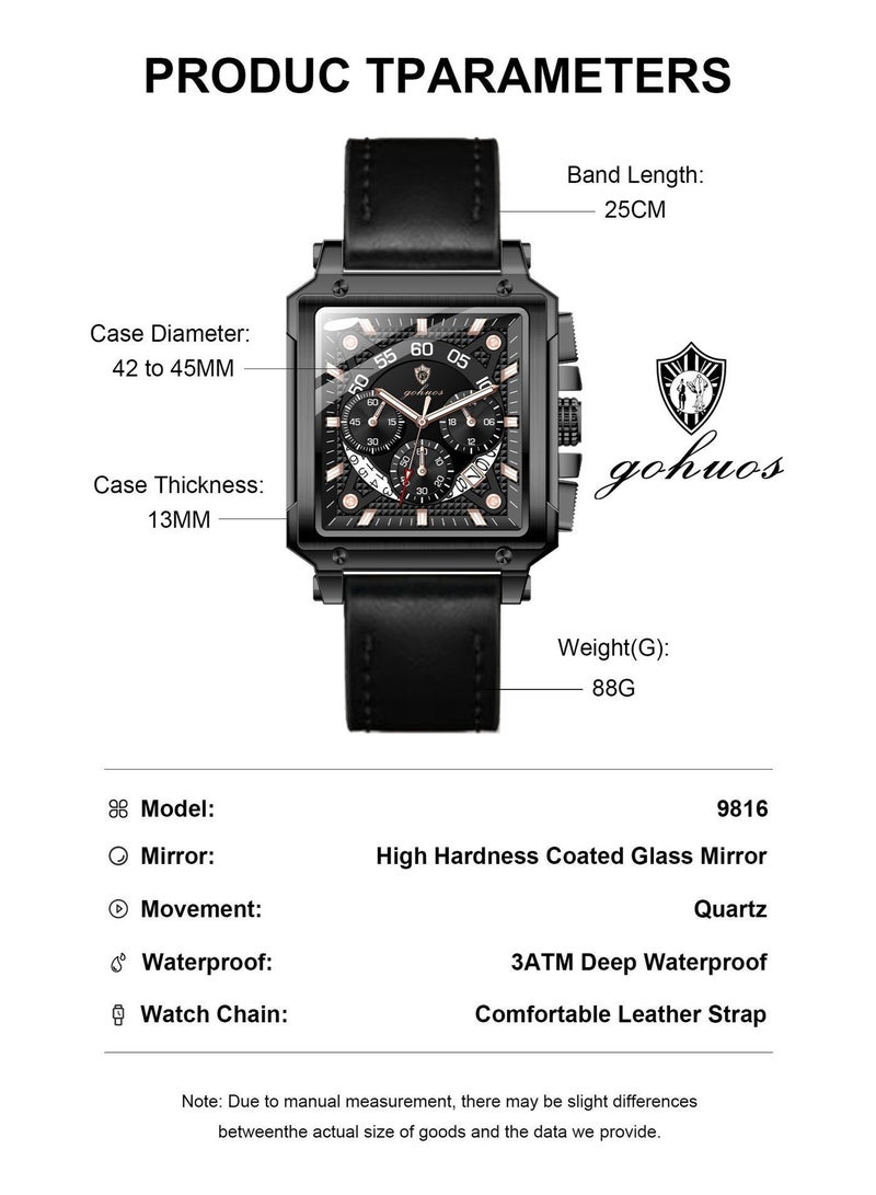 GOHUOS Square Watches for Men Leather Strap Chronograph Fashion Business Watch Luminous Waterproof Casual Wrist Watches - Image 5