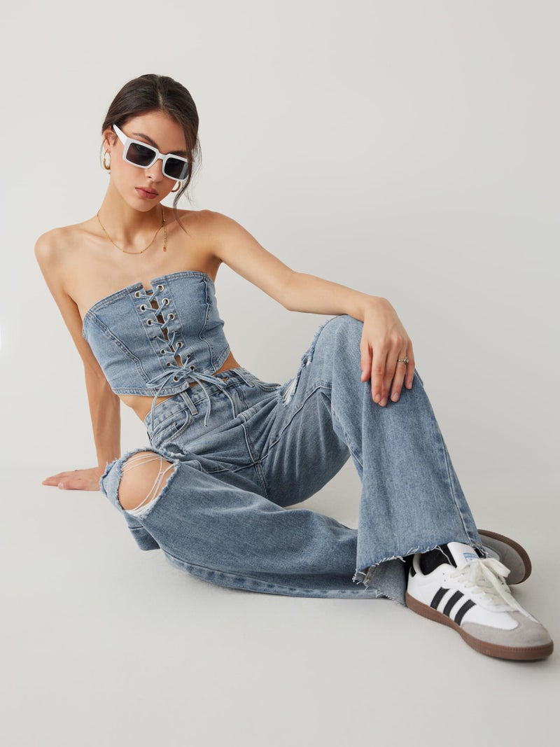 CIDER Womenâ€™s Ripped Jeans High Waisted Distressed Baggy Straight Wide Leg Pants: Denim, XS - Image 5