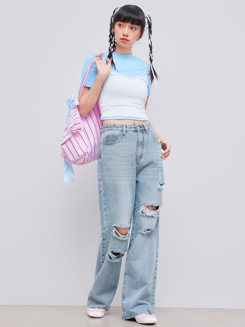 CIDER Womenâ€™s Ripped Jeans High Waisted Distressed Baggy Straight Wide Leg Pants: Denim, XS - Image 2