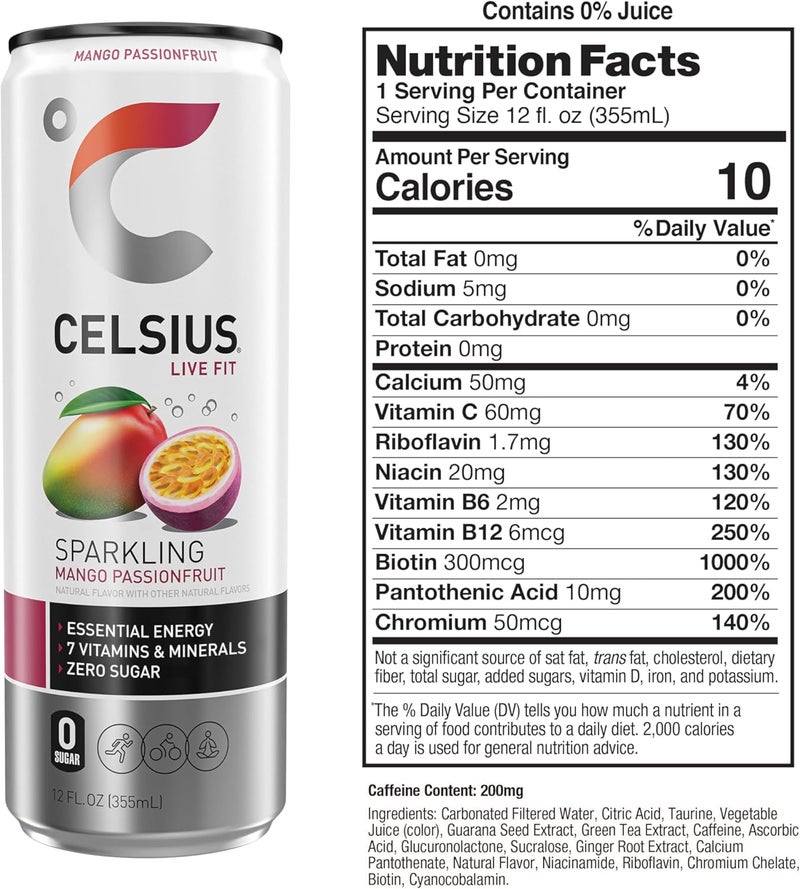 CELSIUS مشروب الطاقة الفوار من CELSIUS بنكهة المانجو وفاكهة الباشن فروت - Image 2