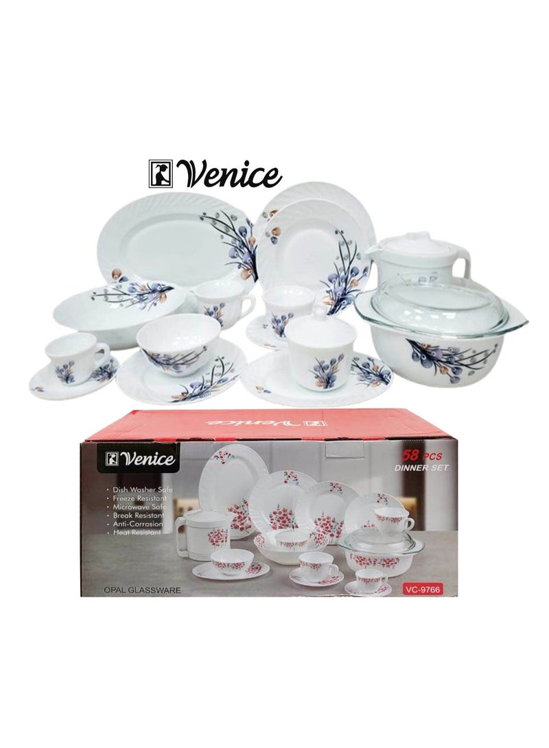 Venice 58-Piece Opal Dinner Set | Elegant Floral Design Tableware | Heat-Resistant & Durable | Perfect for Home & Gift Giving - Image 1