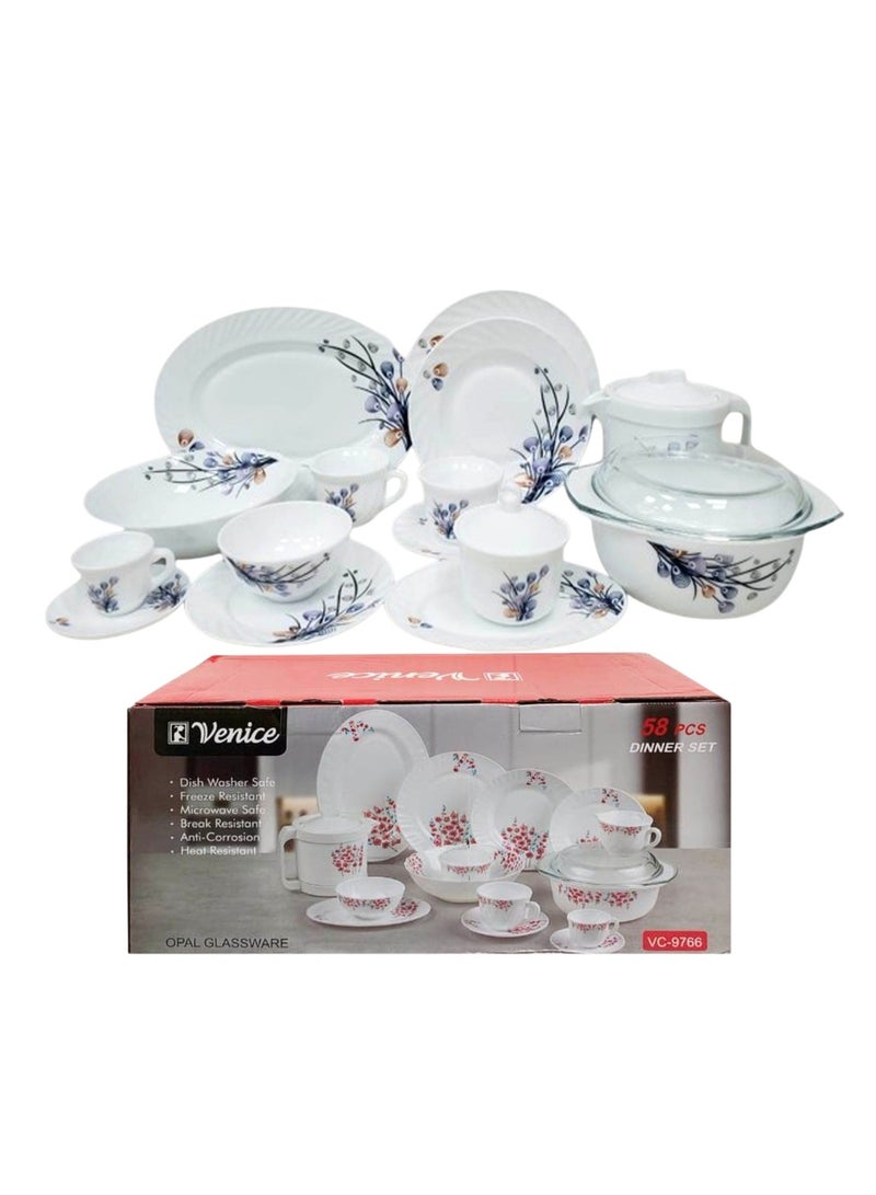 Venice 58-Piece Opal Dinner Set | Elegant Floral Design Tableware | Heat-Resistant & Durable | Perfect for Home & Gift Giving - Image 2