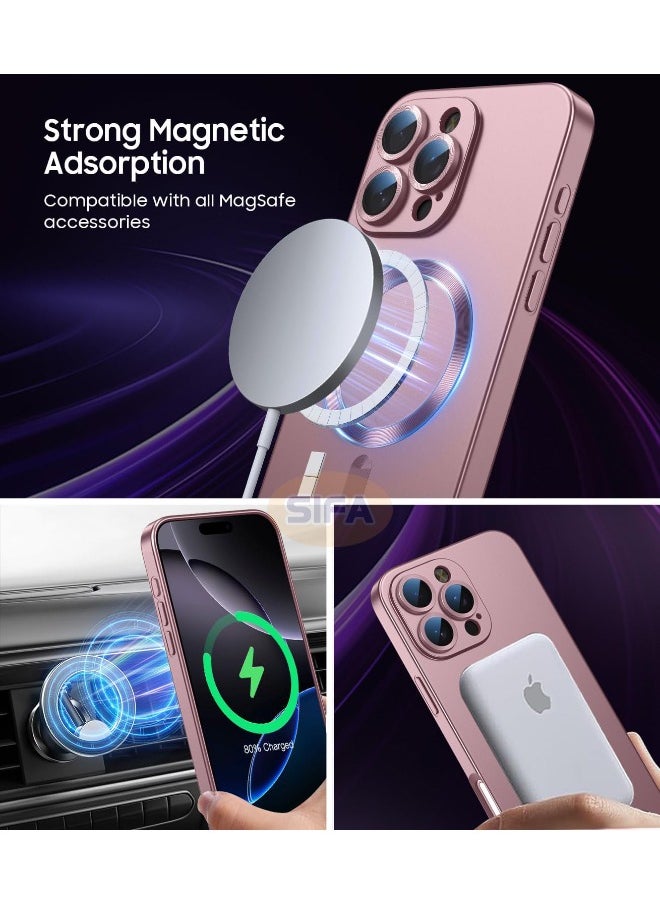 Magnetic Case for iPhone 16 Pro Max, [MagSafe Compatible][Built-in Camera Lens Protector][Light Slim] Soft Silicone Bumper Shockproof Matte Case Cover for iPhone 16 Pro Max 6.9 inch, Rose Gold