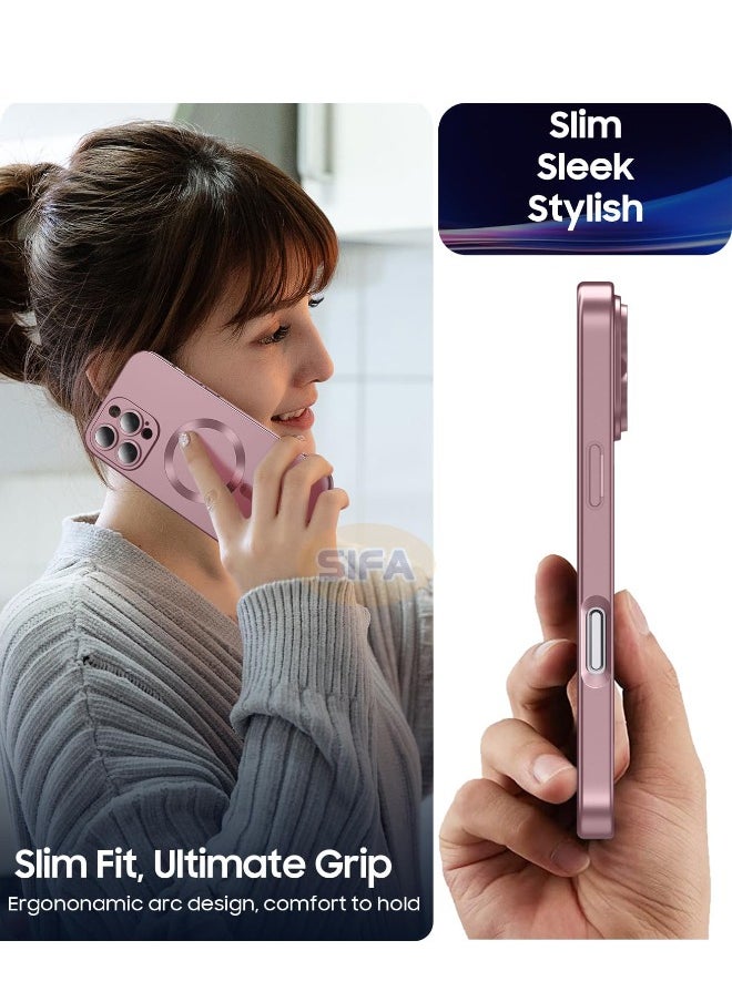 Magnetic Case for iPhone 16 Pro Max, [MagSafe Compatible][Built-in Camera Lens Protector][Light Slim] Soft Silicone Bumper Shockproof Matte Case Cover for iPhone 16 Pro Max 6.9 inch, Rose Gold