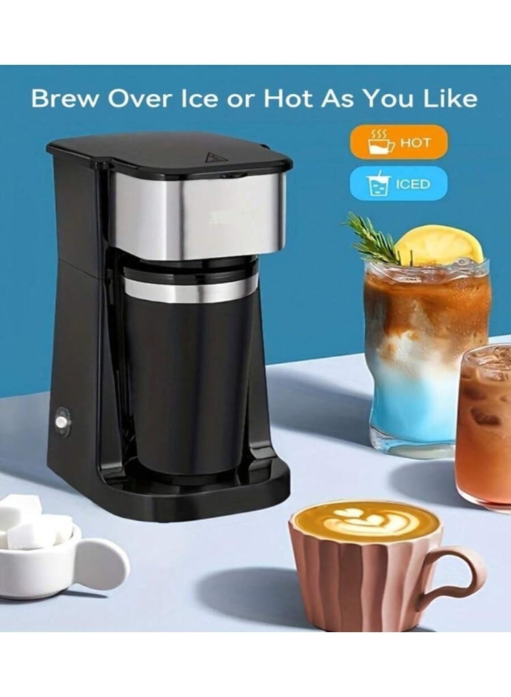 Compact Single Serve Coffee Maker – Quick Brew Machine with One-Touch Button, Removable Filter & Stainless Steel Travel Mug – Ideal for Home, Office, Dorm or Travel Use  - Image 1